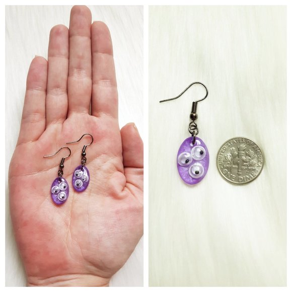Purple Googly Eye Earrings Handmade Halloween Mini Resin Dangle Earrings - Picture 5 of 8